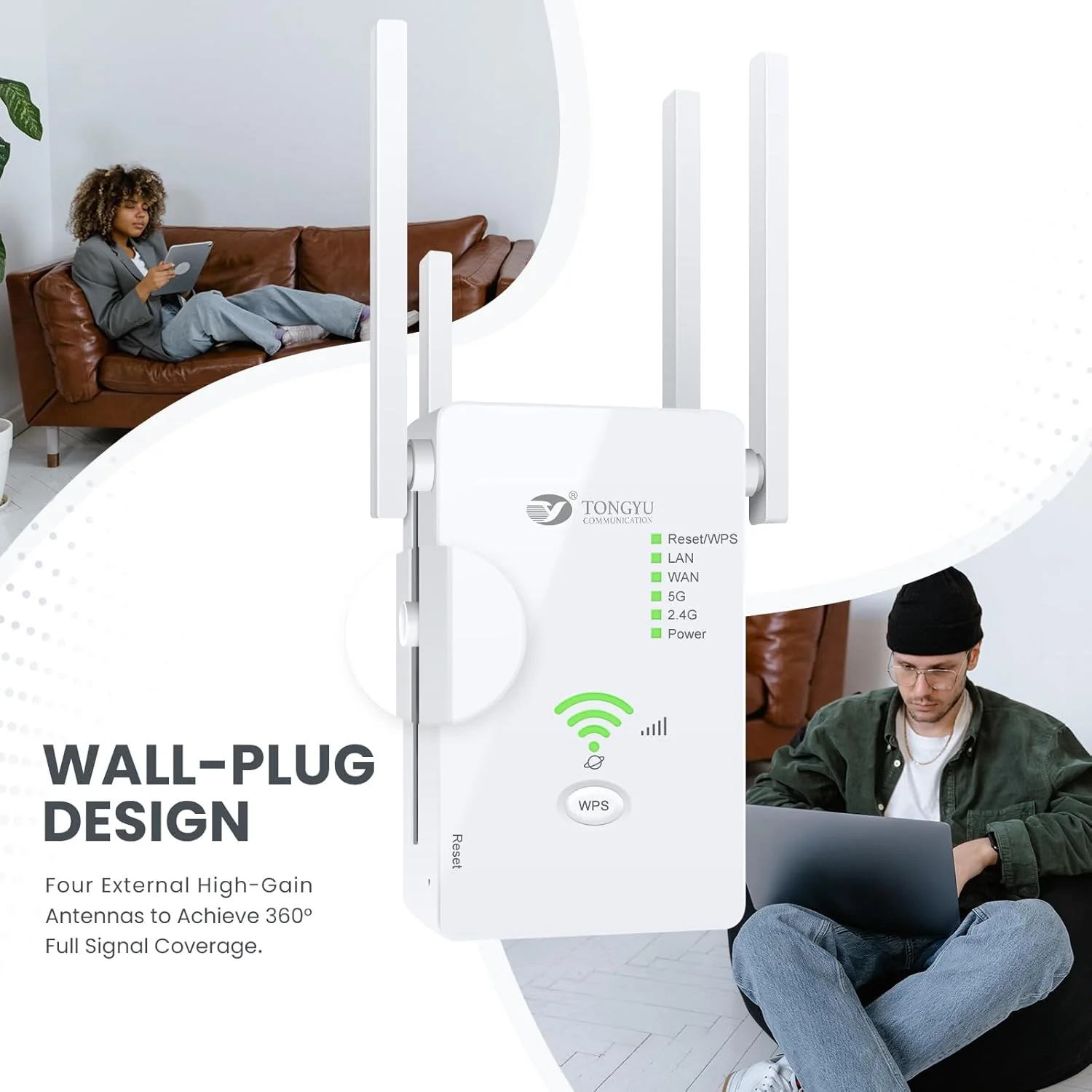 تقویت کننده اینترنت وای فای 1200 مگابیت بر ثانیه Tongyu برای منزل با پورت اترنت AC1200 دو بانده 5 گیگاهرتز/2.4 گیگاهرتز، تکرار کننده بی سیم، تقویت کننده سیگنال، پوشش کامل 740 متر مربع و 45 دستگاه