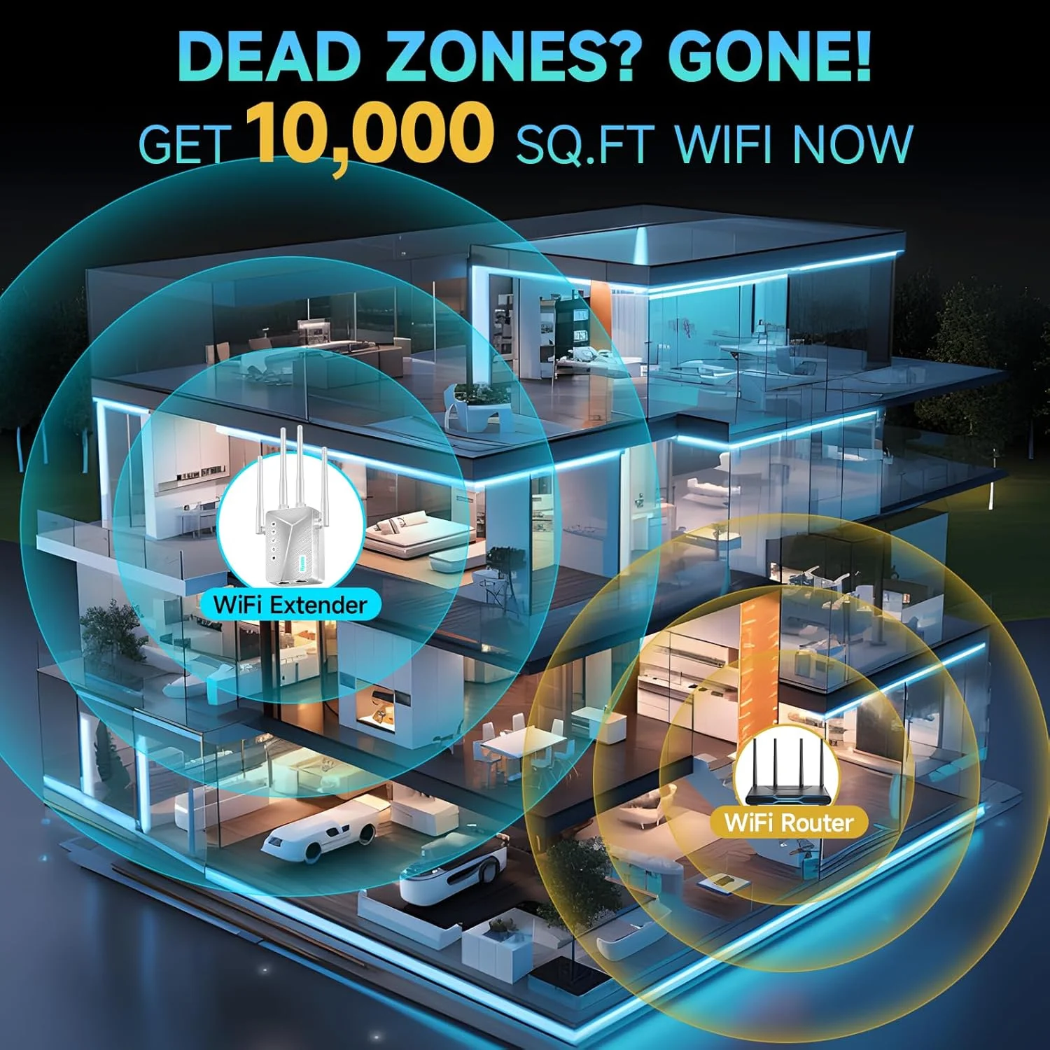 تقویت کننده سیگنال وای فای 2025، توسعه دهنده برد بلند اینترنت، پوشش 740 متر مربع، دو بانده با پورت گیگابیتی اترنت، پشتیبانی از 60 دستگاه بی سیم، سفید