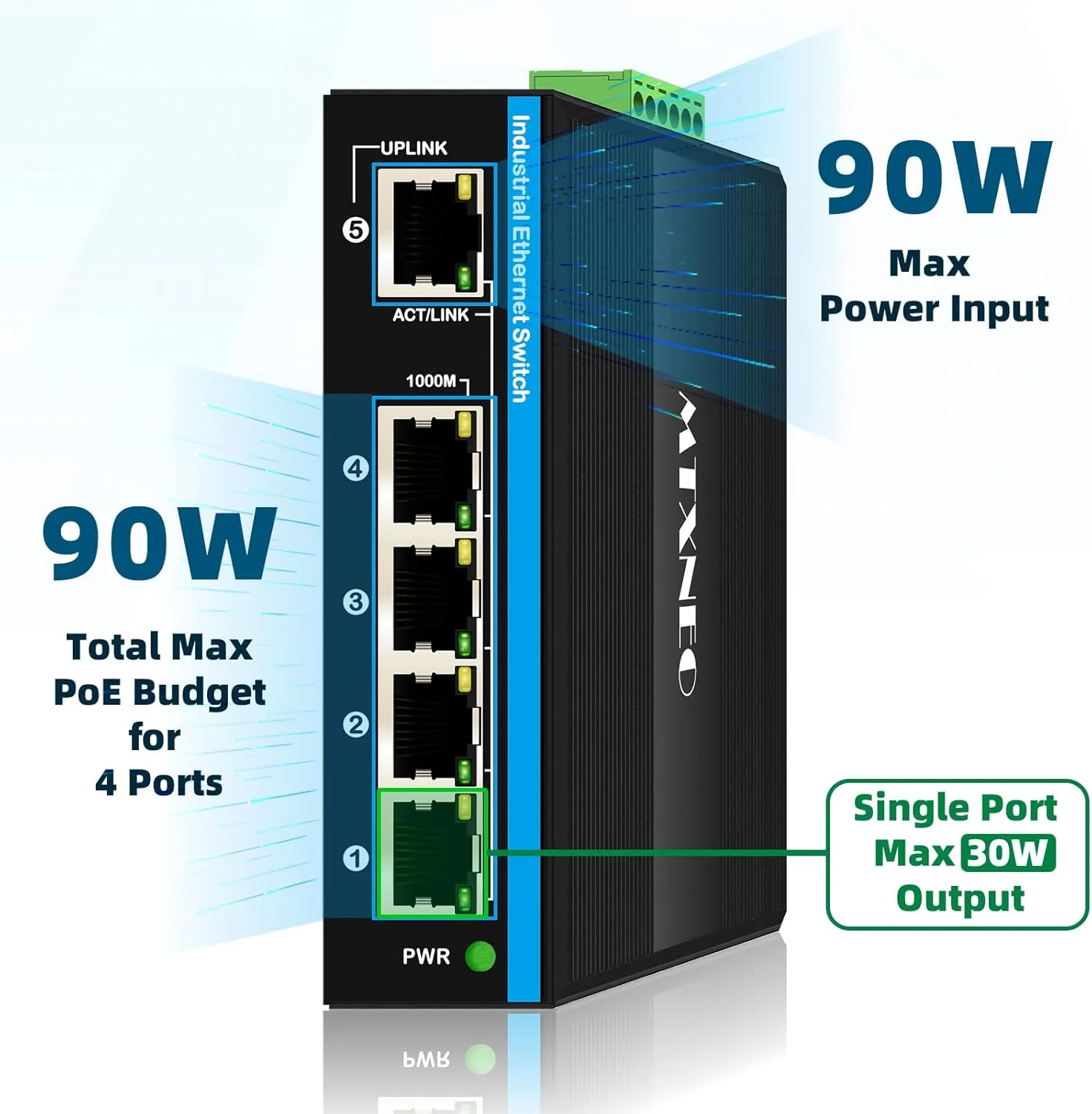 تقویت کننده PoE صنعتی 4 پورت گیگابیتی اترنت با ورودی 90W PoE، تکرار کننده خروجی PoE IEEE802.3af/at/bt، تقویت کننده POE 1 ورودی 4 خروجی برای دوربین مداربسته، VOIP
