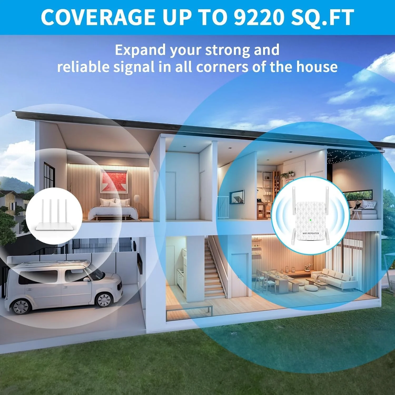 تقویت کننده وای فای، تقویت کننده سیگنال وای فای برای منزل، تقویت کننده سیگنال وای فای تا 850 متر مربع و 35 دستگاه، تکرار کننده وای فای با پورت اترنت، نصب آسان، سازگار با الکسا