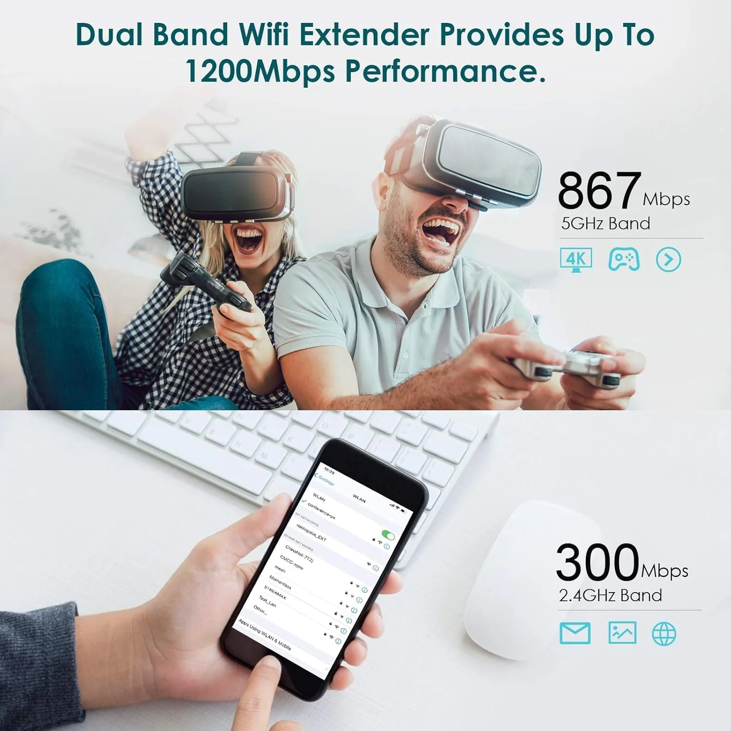 تقویت کننده WiFi - افزایش دهنده محدوده WiFi تا 1200 مگابیت بر ثانیه، تقویت کننده سیگنال WiFi، تکرار کننده WiFi دو باند 2.4 و 5 گیگاهرتز با پورت اترنت، پوشش کامل 360 درجه، راه اندازی آسان. (1200Mbps)