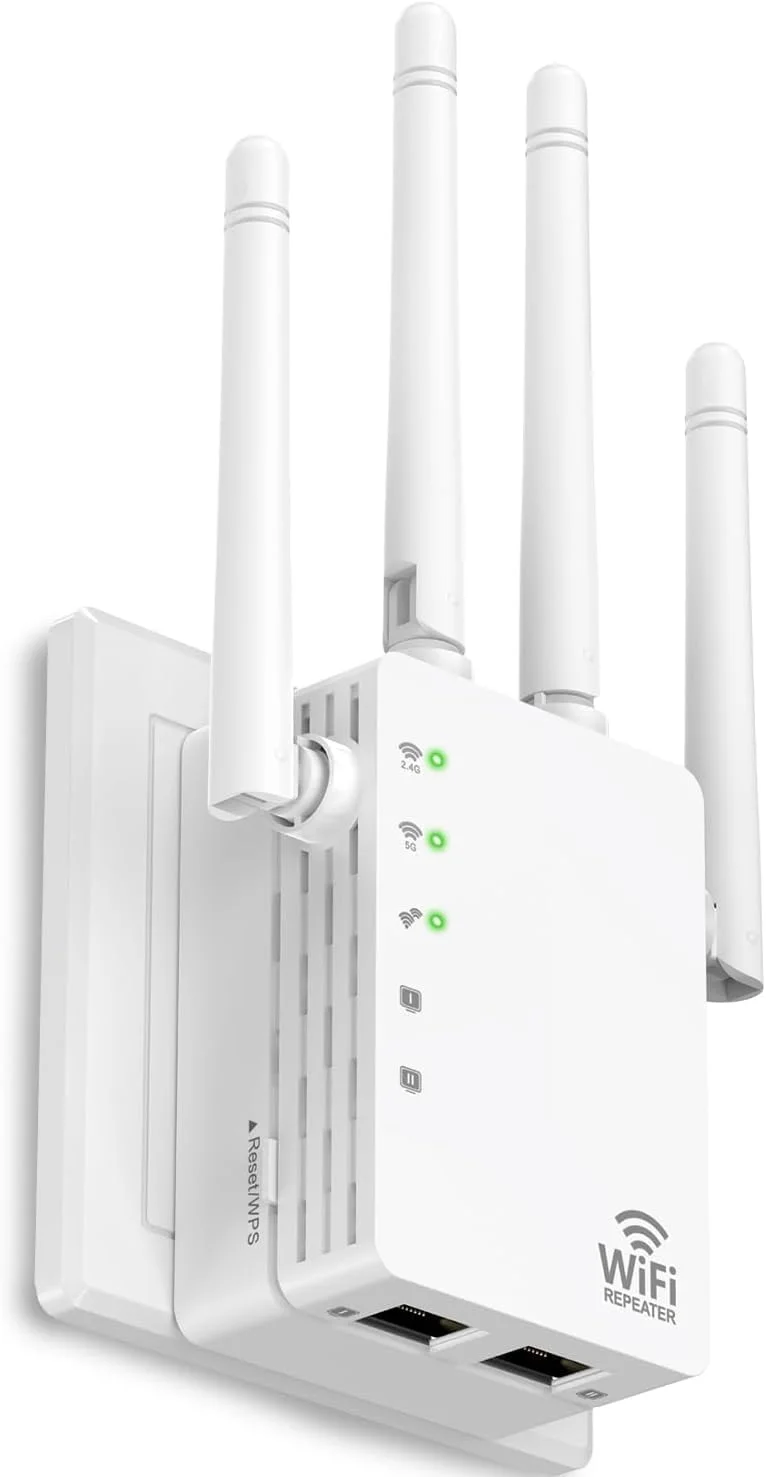 تقویت کننده WiFi با پورت اترنت، 1200 مگابیت بر ثانیه دو بانده (5 گیگاهرتز/2.4 گیگاهرتز). پوشش تا 12880 فوت مربع، پشتیبانی از 105 دستگاه، نصب آسان تقویت کننده سیگنال، سازگار با EasyMesh، چهار آنتن جهت دار