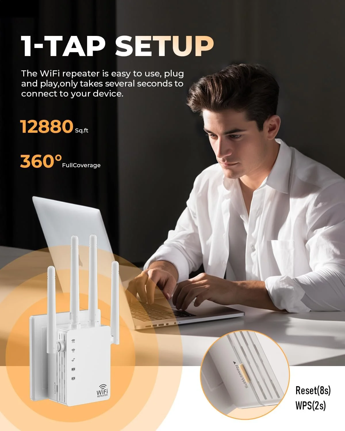 تقویت کننده WiFi با پورت اترنت، 1200 مگابیت بر ثانیه دو بانده (5 گیگاهرتز/2.4 گیگاهرتز). پوشش تا 12880 فوت مربع، پشتیبانی از 105 دستگاه، نصب آسان تقویت کننده سیگنال، سازگار با EasyMesh، چهار آنتن جهت دار