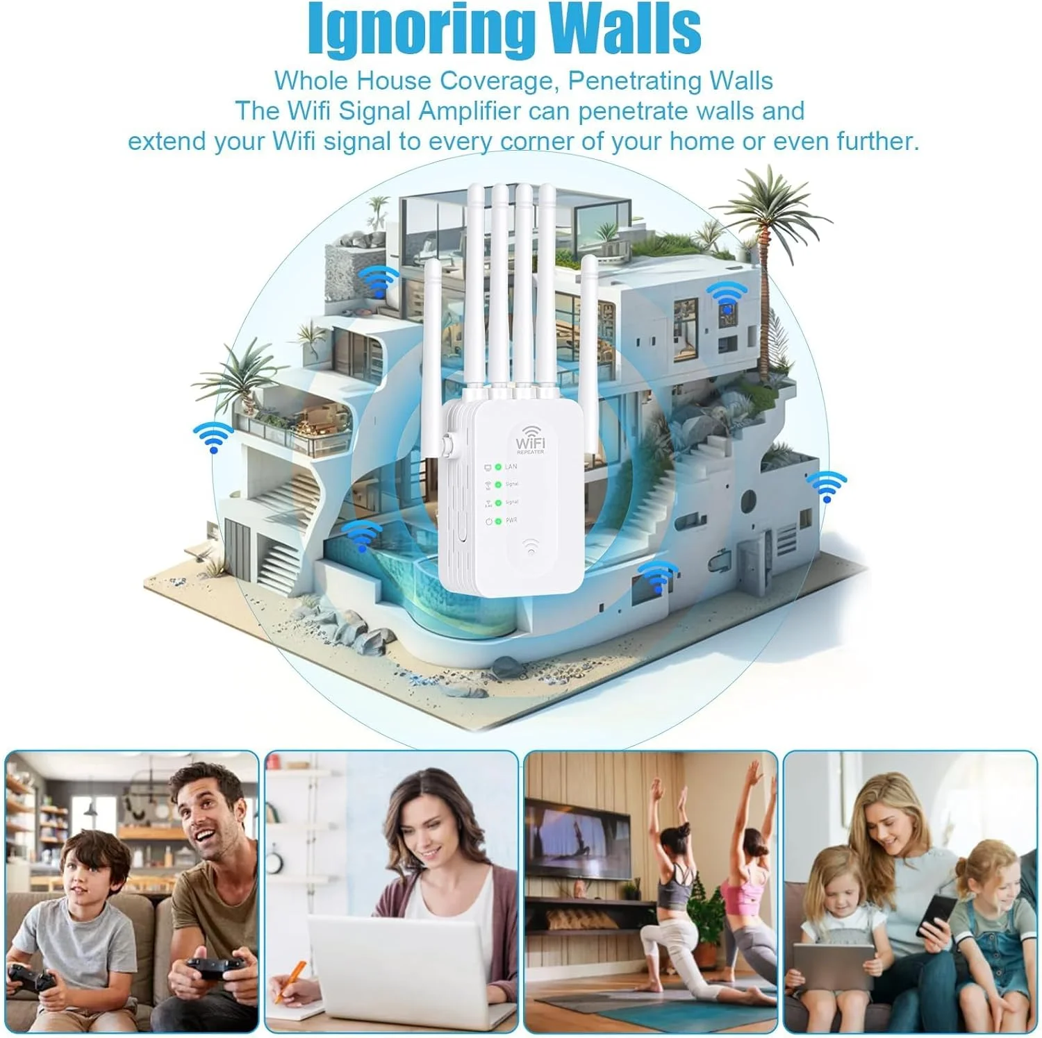 تقویت کننده سیگنال WiFi، توسعه دهنده WiFi با پورت اترنت، پوشش دهی تا 11800 فوت مربع، 6 آنتن برای گسترش 360 درجه ای پوشش WiFi، تقویت کننده سیگنال WiFi برای خانه و فضای باز.