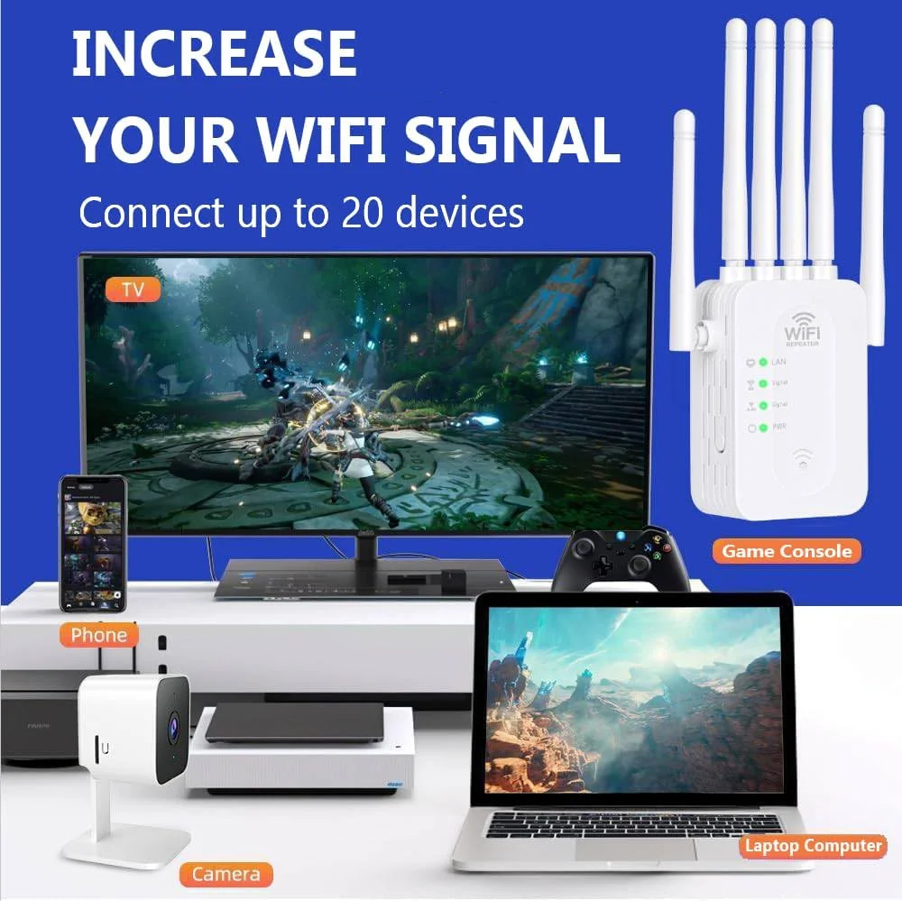 تقویت کننده سیگنال WiFi، بهترین تقویت کننده WiFi 2025 با پورت اترنت، تقویت کننده WiFi 1200 مگابیت بر ثانیه دو بانده 5 گیگاهرتز/2.4 گیگاهرتز، پوشش دهی تا 9800 فوت مربع و 60 دستگاه، عملکرد اینترنت پایدار، راه اندازی با 1 ضربه، سفید