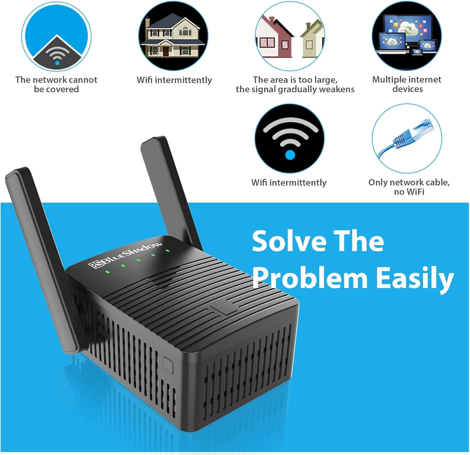 تقویت کننده وای فای جدید 2022، پوشش دهی تا 90 متر مربع و 20 دستگاه با تقویت کننده دو بانده AC 1200، دارای 2 آنتن با بهره بالا (سرعت تا 1200 مگابیت بر ثانیه) با نشانگر LED و دوشاخه دیواری