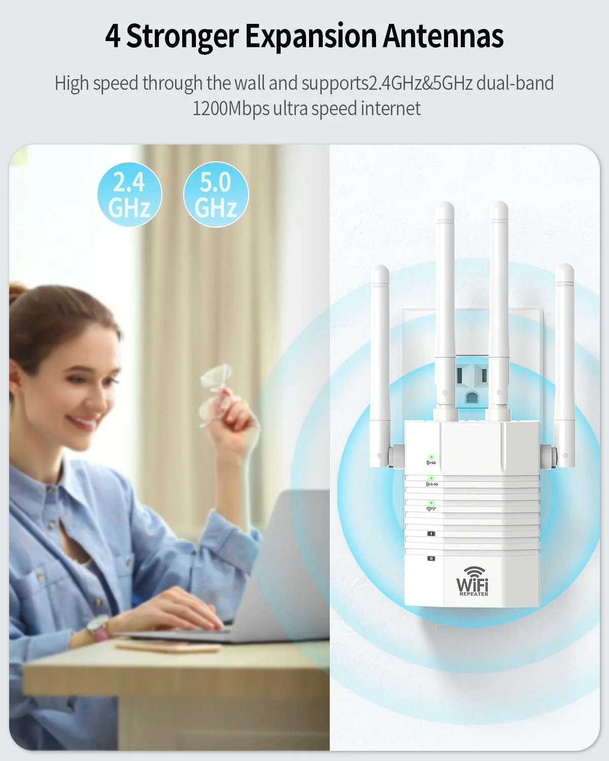 تقویت کننده WiFi، تقویت کننده سیگنال WiFi، تقویت کننده WiFi، پوشش تا 1290 متر مربع و 150+ دستگاه، تکرار کننده بی سیم دو بانده، تکرار کننده WiFi، تقویت کننده سیگنال توسعه دهنده های WiFi برای خانه
