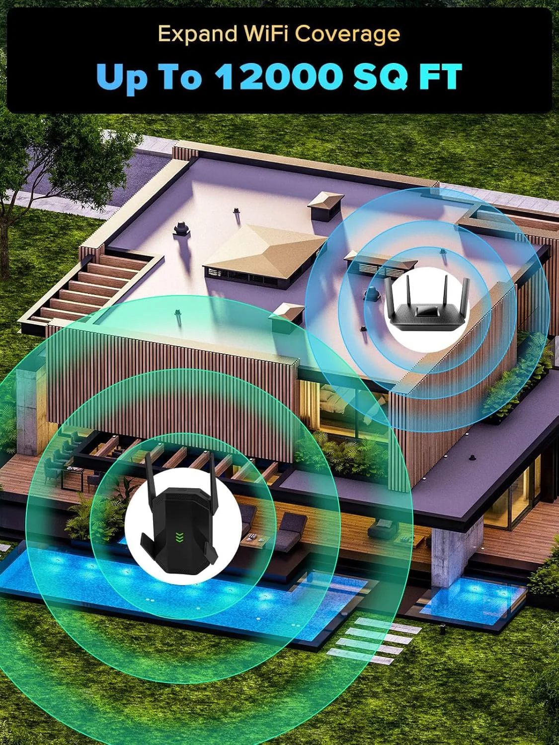 تقویت کننده WiFi 6 AX3000، تقویت کننده سیگنال WiFi دو بانده، تقویت کننده اینترنت با پورت اترنت گیگابیتی، پوشش تا 12,000 فوت مربع و 99 دستگاه، سرعت بیشتر و نصب آسان، مشکی