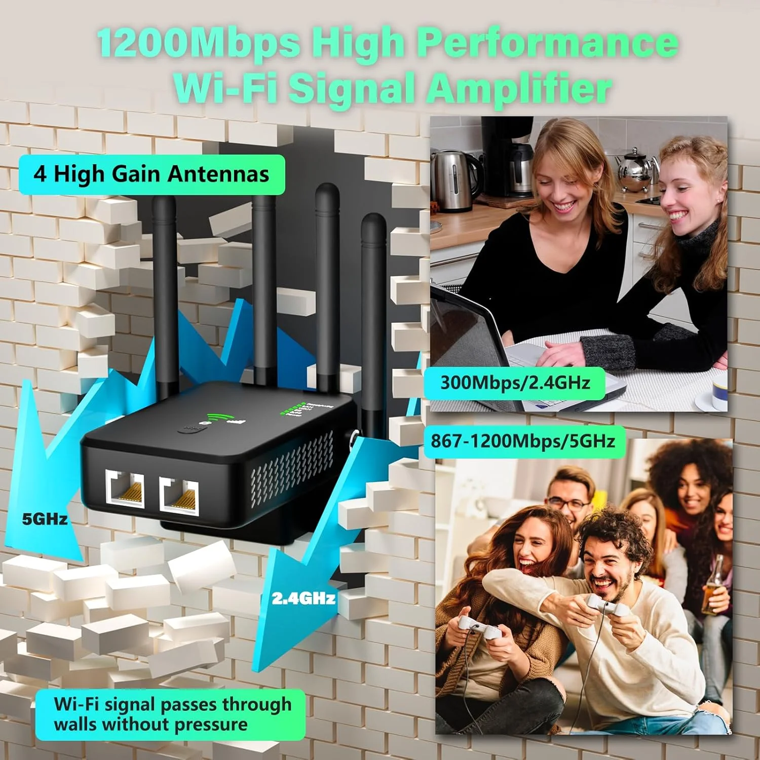 تقویت کننده سیگنال وای فای 2025 برای منزل، پوشش تا 12880 فوت مربع، 100 دستگاه، دو بانده 5 گیگاهرتز و 2.4 گیگاهرتز، تقویت کننده سیگنال خانگی 1200 مگابیت بر ثانیه با پورت اترنت