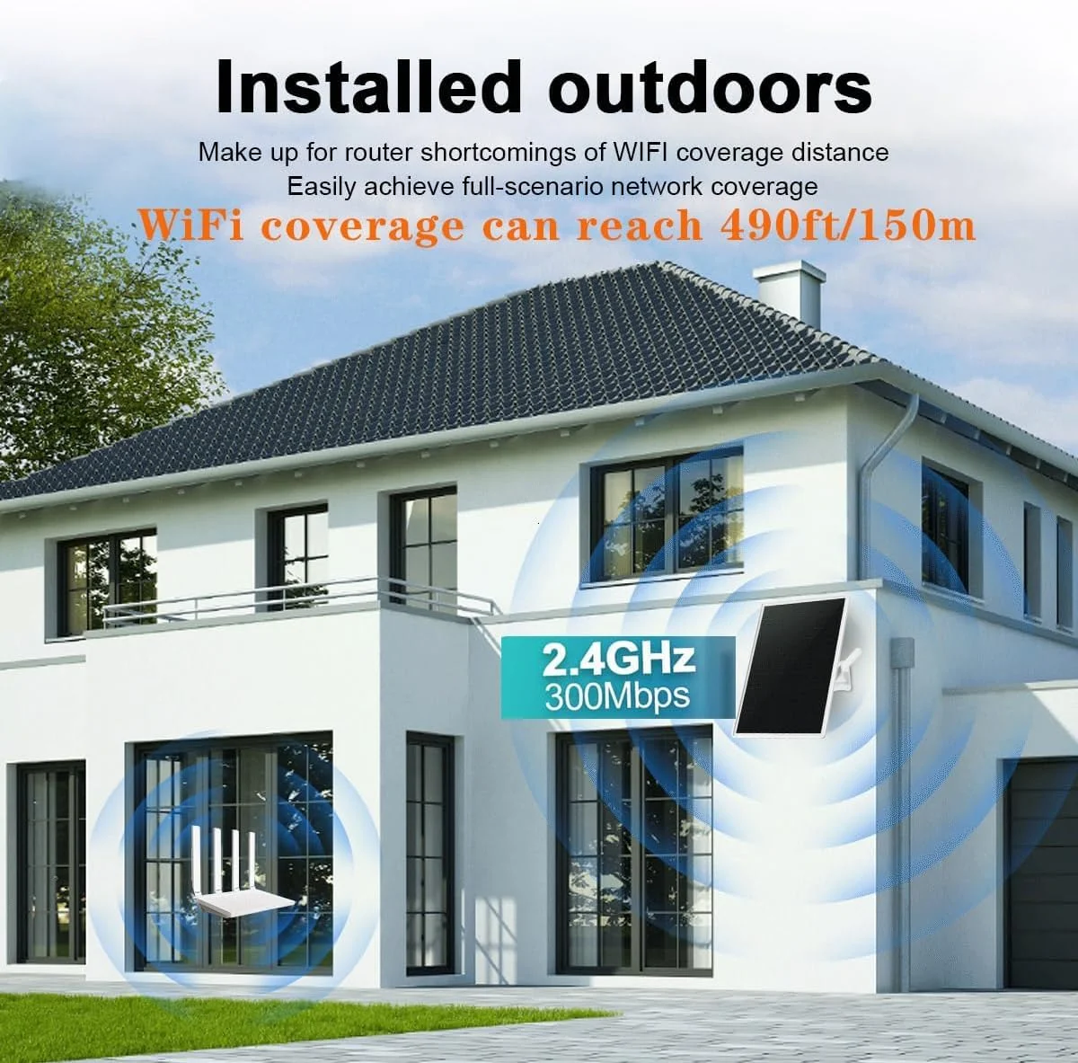 تقویت کننده/تکرار کننده سیگنال وای فای دو بانده بیرونی، مناسب برای روترهای 2.4 گیگاهرتز، 300 مگابیت بر ثانیه، شعاع پوشش تا 150 متر، پنل خورشیدی 15 وات/5 ولت، ضد آب IP65، باتری 20000 میلی آمپر ساعت