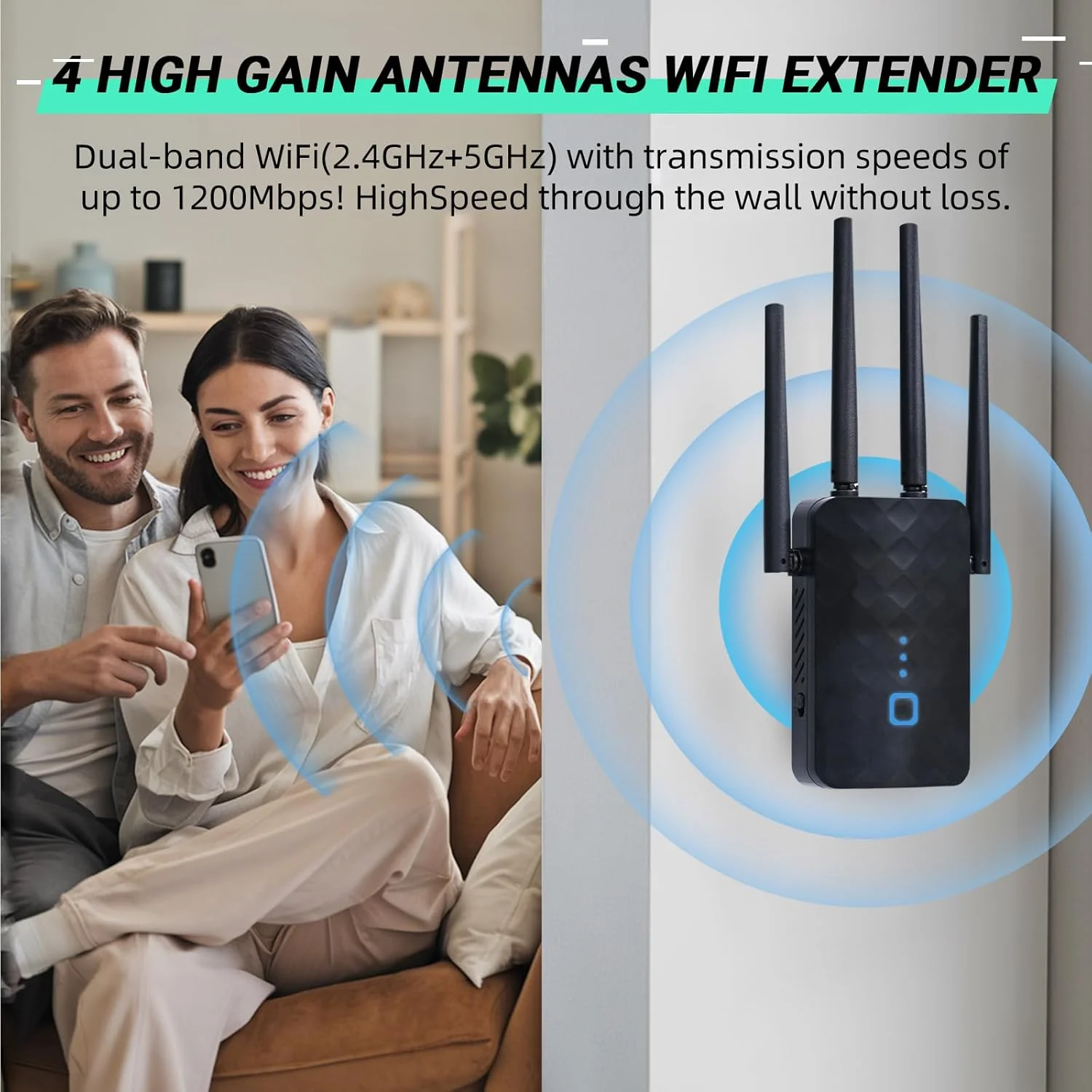 تقویت کننده سیگنال وای فای 2025 برای خانه، AC1200Mbps دو بانده (5 گیگاهرتز/2.4 گیگاهرتز)، پوشش تا 10000 فوت مربع، تکرار کننده بی سیم با پورت اترنت (مشکی) با نصب آسان