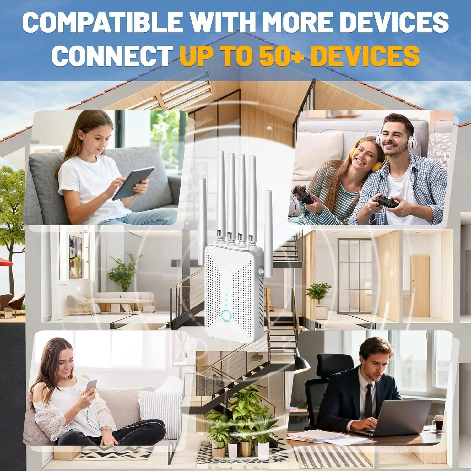 تقویت کننده سیگنال WiFi با 6 آنتن، پوشش طولانی برد تا 930 متر مربع برای بیش از 50 دستگاه، پورت اترنت و نصب آسان WPS، برای خانه، دفتر و بازی