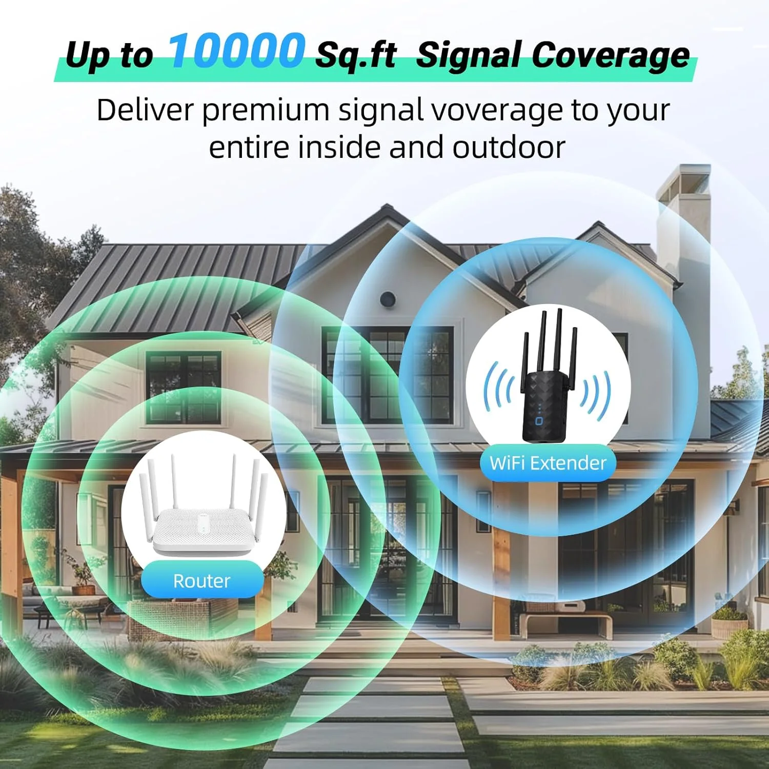 تقویت کننده سیگنال وای فای 2025 برای خانه، AC1200Mbps دو بانده (5 گیگاهرتز/2.4 گیگاهرتز)، پوشش تا 10000 فوت مربع، تکرار کننده بی سیم با پورت اترنت (مشکی) با نصب آسان