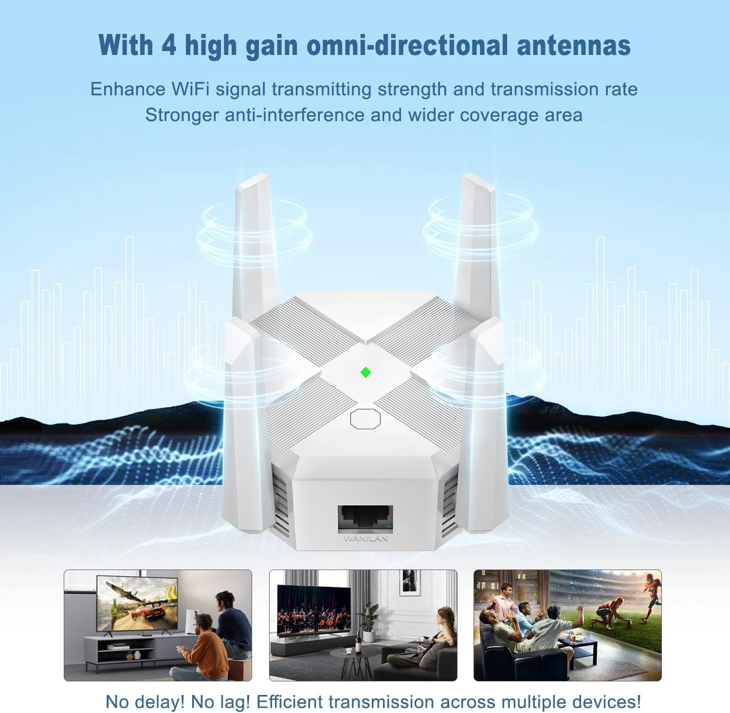 تقویت کننده سیگنال وای فای، توسعه دهنده وای فای، 1200 مگابیت بر ثانیه دو بانده 5 گیگاهرتز/2.4 گیگاهرتز، تقویت کننده سیگنال با پوشش گسترده تر، با پورت اترنت، پشتیبانی از 40 دستگاه تکرار کننده وای فای، نصب آسان