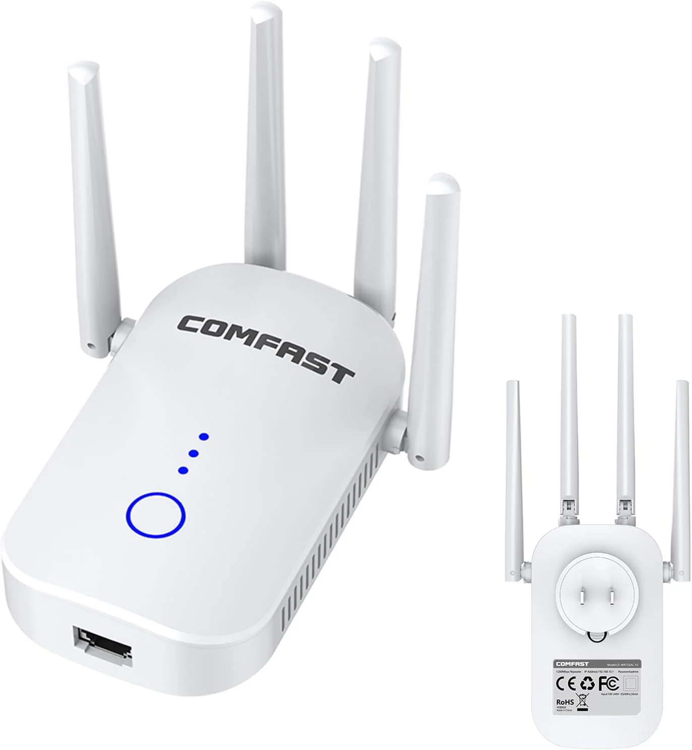 تقویت کننده سیگنال WiFi دو بانده 5.8GHz/2.4GHz 1200MMbps با چهار آنتن چرخان با بهره بالا، چراغ سیگنال هوشمند، پشتیبانی از حالت های چندگانه رله/ مسیریابی/ AP/پل زنی.