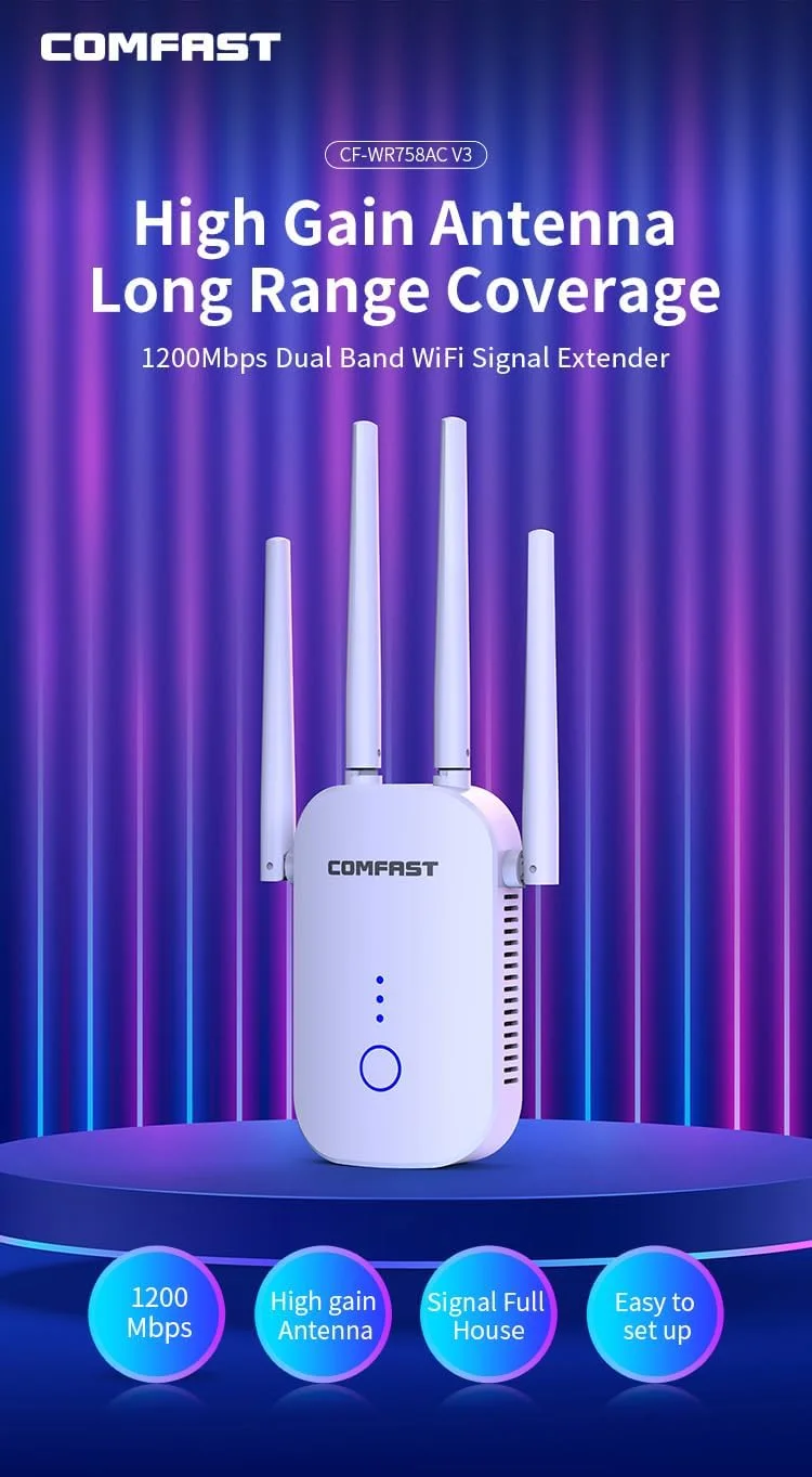 تقویت کننده سیگنال WiFi دو بانده 5.8GHz/2.4GHz 1200MMbps با چهار آنتن چرخان با بهره بالا، چراغ سیگنال هوشمند، پشتیبانی از حالت های چندگانه رله/ مسیریابی/ AP/پل زنی.