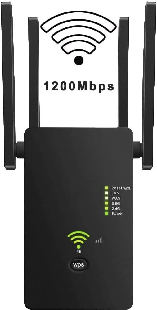 تقویت کننده وای فای، توسعه دهنده محدوده، 1200 مگابیت بر ثانیه، دو بانده 5 گیگاهرتز و 2.4 گیگاهرتز، راه اندازی آسان با یک کلیک WPS، تکرار کننده سیگنال اینترنت بی سیم، 2 پورت اترنت