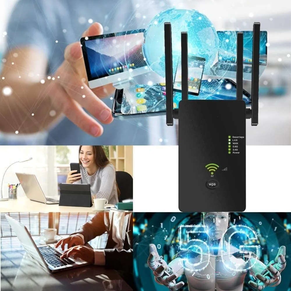 تقویت کننده وای فای، توسعه دهنده محدوده، 1200 مگابیت بر ثانیه، دو بانده 5 گیگاهرتز و 2.4 گیگاهرتز، راه اندازی آسان با یک کلیک WPS، تکرار کننده سیگنال اینترنت بی سیم، 2 پورت اترنت
