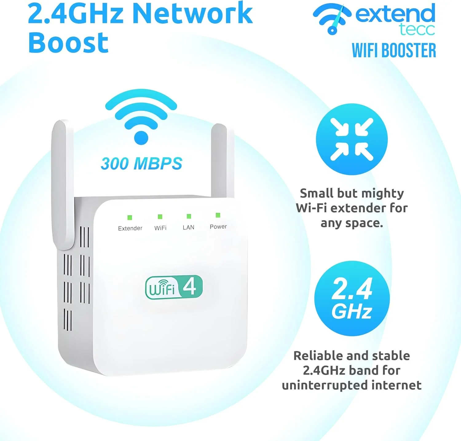تقویت کننده وای فای Extendtecc، تقویت کننده سیگنال بی سیم Speed Wave WiFi با سرعت 300 مگابیت بر ثانیه، تکرار کننده وای فای Extend Tecc، تقویت کننده سیگنال بی سیم 2.4 گیگاهرتز دو باند 4 آنتن پوشش کامل 360 درجه توسعه دهنده اینترنت
