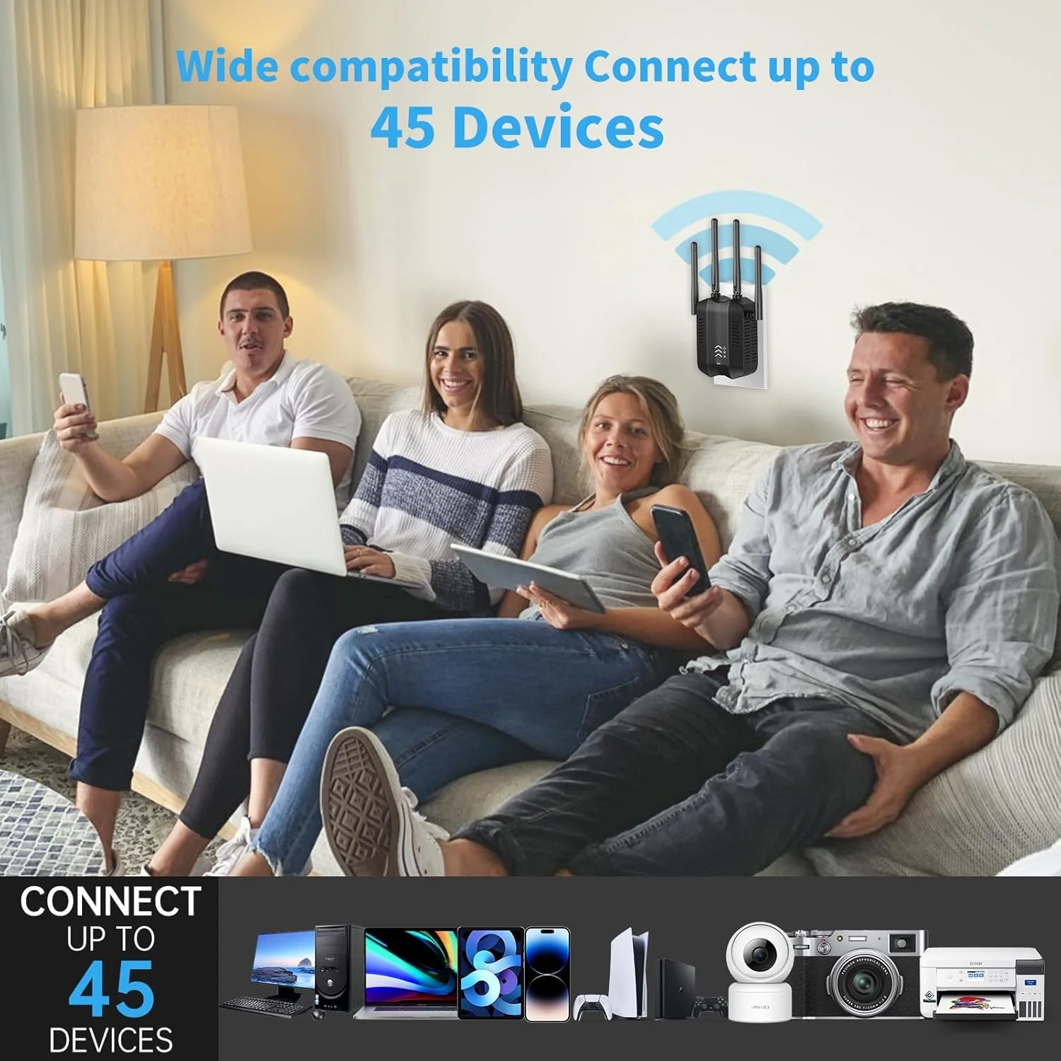 تقویت کننده وای فای دو بانده 1200 مگابیت بر ثانیه (2.4 گیگاهرتز + 5 گیگاهرتز) توسعه دهنده برد اینترنت برای خانه، پوشش دهی تا 10000 فوت مربع و 45 دستگاه