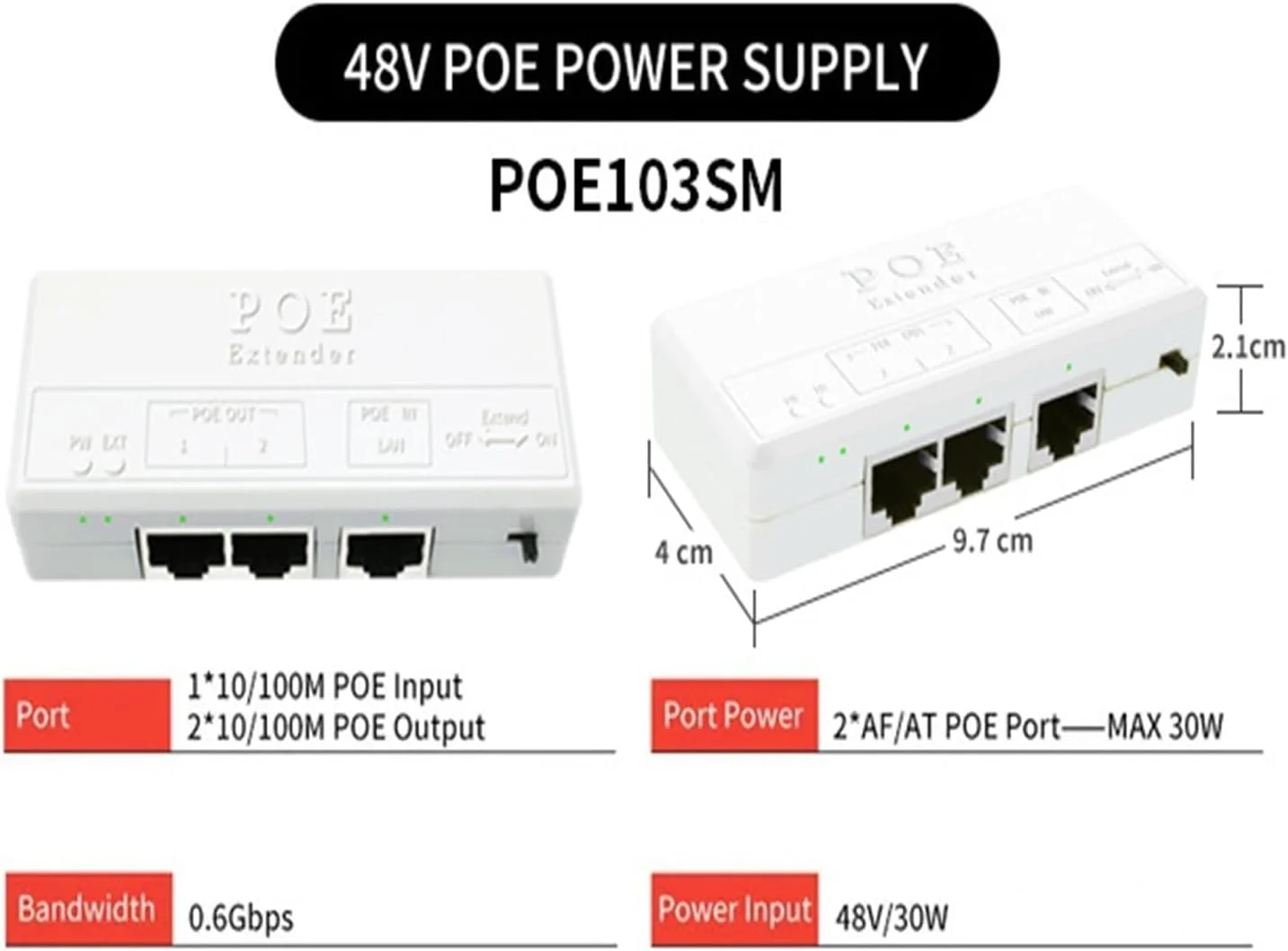 توسعه دهنده POE دو پورت 100 مگابیت بر ثانیه، تکرار کننده سوئیچ IEEE802.3AF/at (SSC-POE103SM)