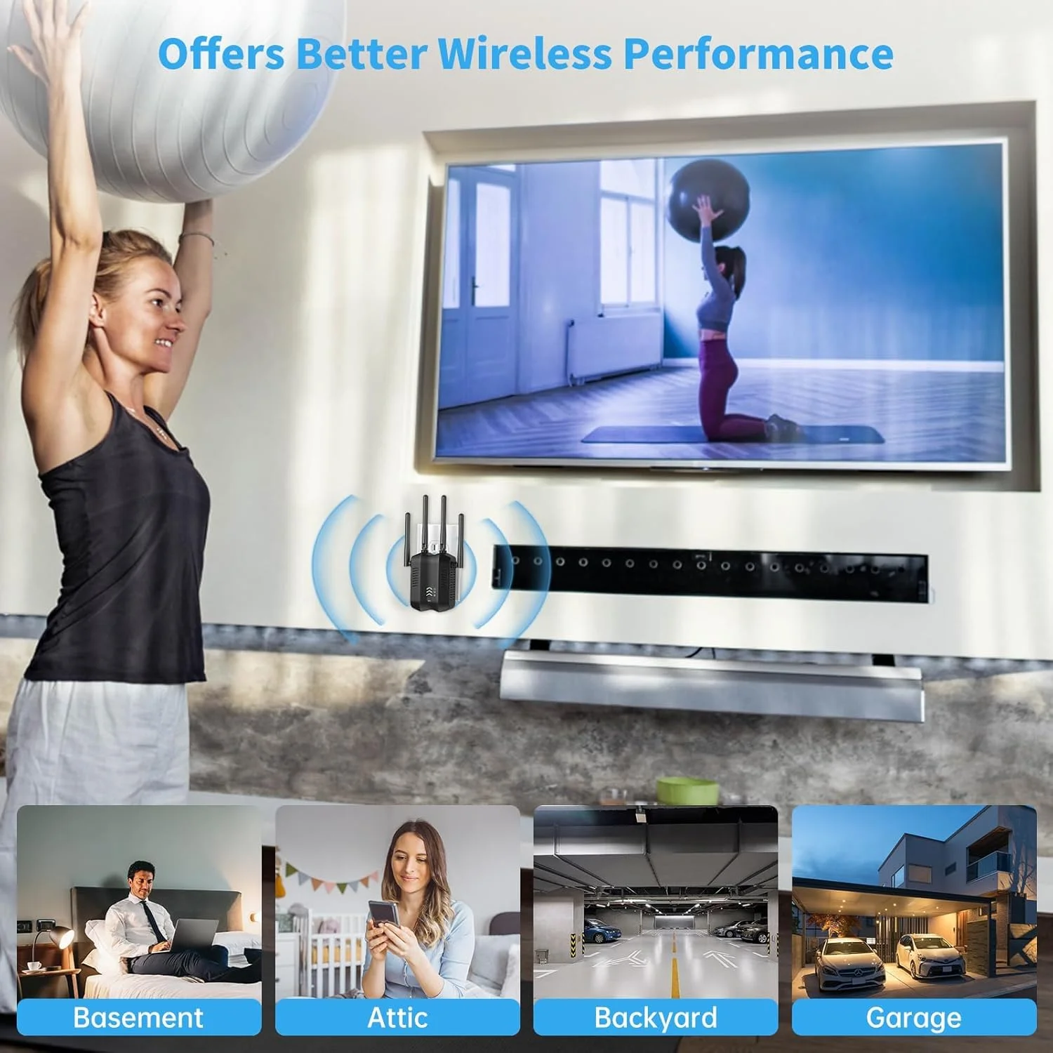 تقویت کننده وای فای دو بانده 1200 مگابیت بر ثانیه (2.4 گیگاهرتز + 5 گیگاهرتز) توسعه دهنده برد اینترنت برای خانه، پوشش دهی تا 10000 فوت مربع و 45 دستگاه