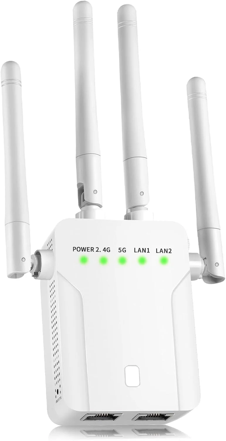 تقویت کننده سیگنال WiFi، توسعه دهنده WiFi، تقویت کننده WiFi 5G با سرعت 1200 مگابیت بر ثانیه دو بانده (تا 929 متر مربع برای بیش از 55 دستگاه)، تکرار کننده WiFi با 4 آنتن پوشش 360 درجه، نصب با یک ضربه WPS، سفید، M