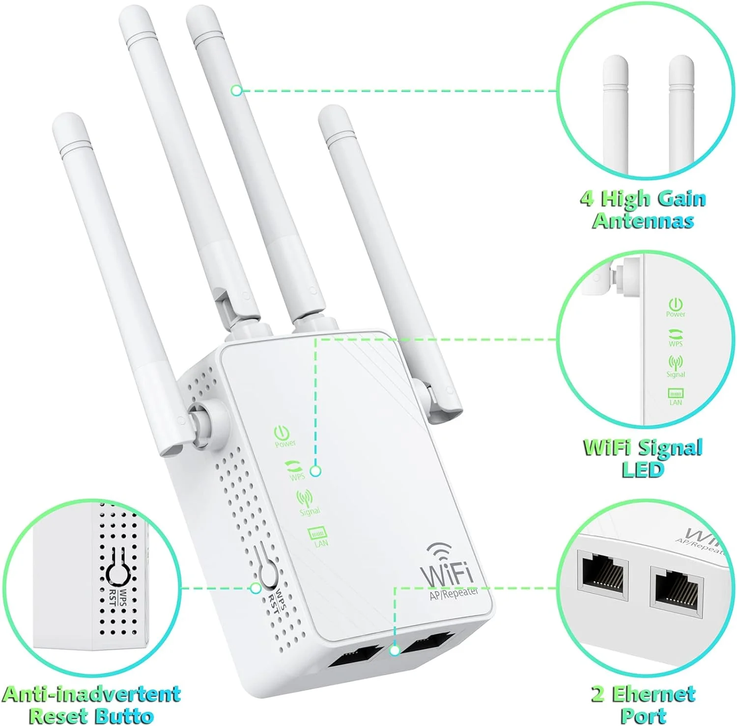 تقویت کننده سیگنال WiFi تا 900 متر مربع و 55 دستگاه، توسعه دهنده محدوده WiFi، تکرار کننده بی سیم اینترنت، تقویت کننده برد بلند با پورت اترنت، راه اندازی با 1 کلید، نقطه دسترسی، سازگار با الکسا