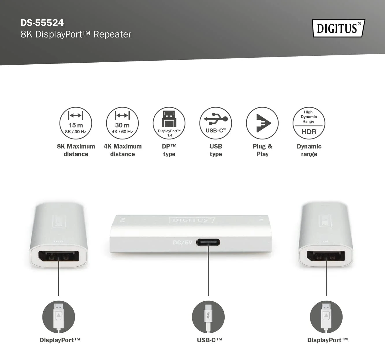 تکرار کننده DisplayPort دیجی توس، 8K 30Hz، 4K 120Hz/60Hz، افزایش طول سیگنال تا 30 متر