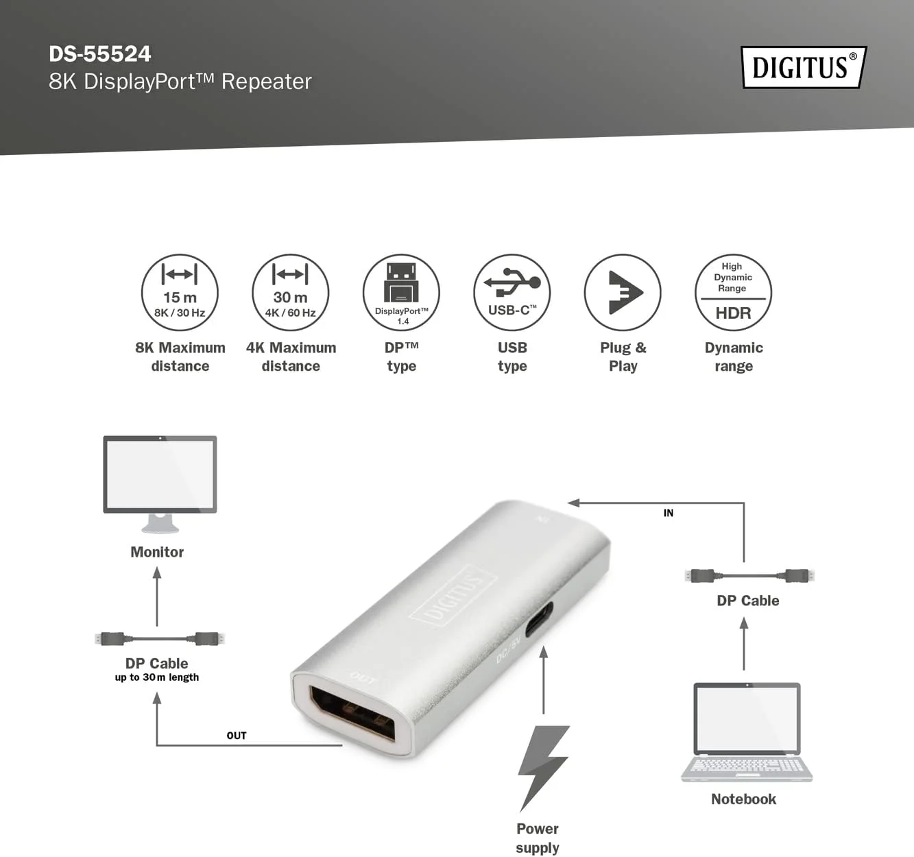 تکرار کننده DisplayPort دیجی توس، 8K 30Hz، 4K 120Hz/60Hz، افزایش طول سیگنال تا 30 متر