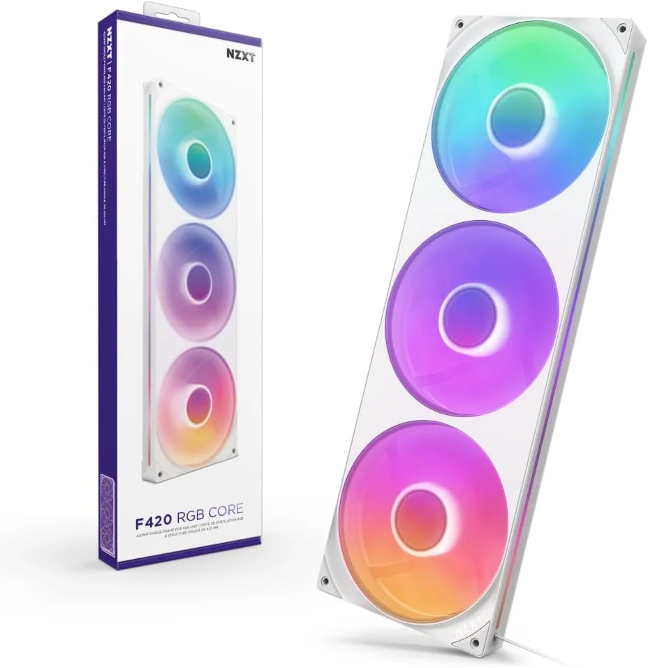 واحد فن تک فریم NZXT F420 RGB Core - 420mm با 3 فن 140mm RGB - کنترل سرعت و نورپردازی - فشار استاتیک و جریان هوای بالا - بلبرینگ دینامیک سیال - 8 LED aRGB در هر فن - سفید