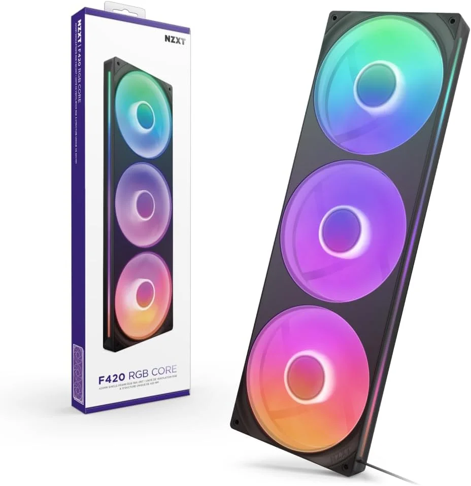 واحد فن تک فریم NZXT F420 RGB Core - 420mm با 3 فن 140mm RGB - کنترل سرعت و نورپردازی - فشار استاتیک و جریان هوای بالا - بلبرینگ دینامیک سیال - 8 LED aRGB در هر فن - مشکی