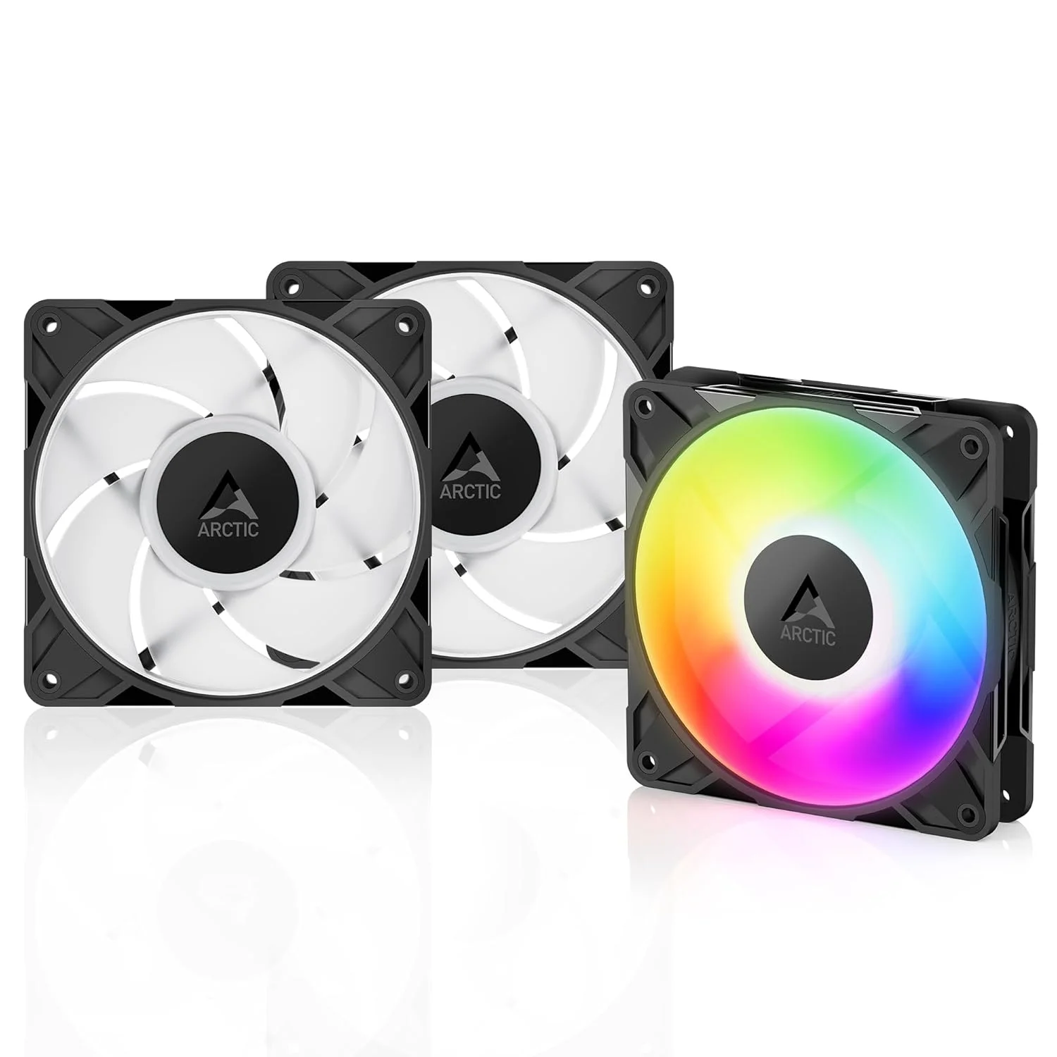 ARCTIC P12 Pro A-RGB - بسته 3 عددی - فن ممتاز قدرتمند، فن 120 میلی متری PWM با اسپلیتر کابل Y، 600-3000 دور در دقیقه، 0 دور در دقیقه <5% PWM، RGB دیجیتال 5 ولت، بلبرینگ دینامیکی سیال، 4 پین - مشکی