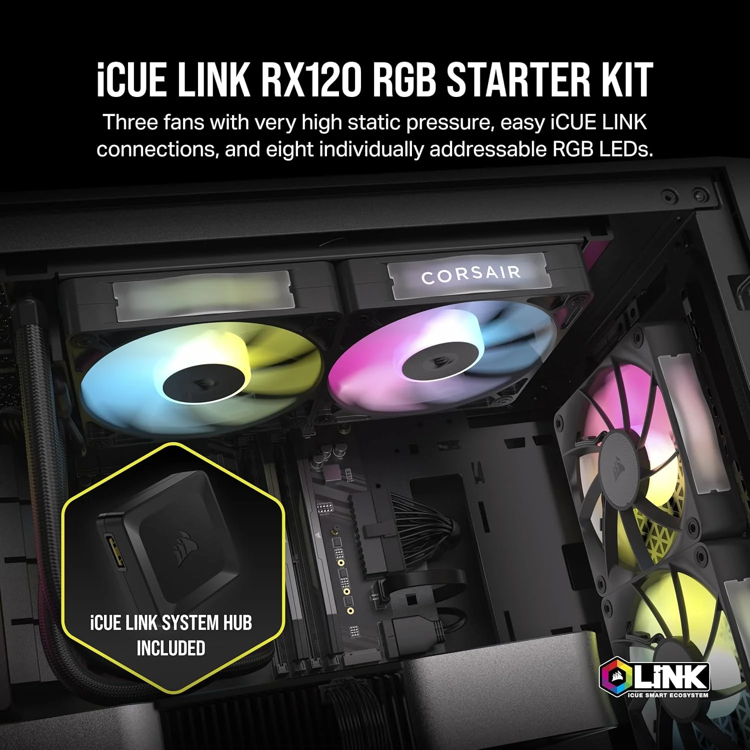 فن های PWM 120 میلی متری CORSAIR iCUE Link RX120 RGB با هاب سیستم iCUE Link - بلبرینگ مغناطیسی - بسته سه تایی - مشکی
