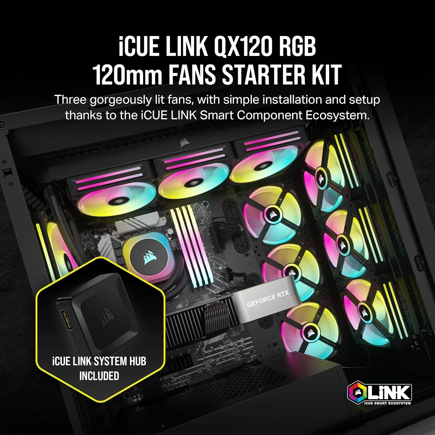 کیت استارتر سه تایی فن 120 میلی‌متری CORSAIR iCUE Link QX120 RGB با هاب سیستم iCUE Link - مشکی