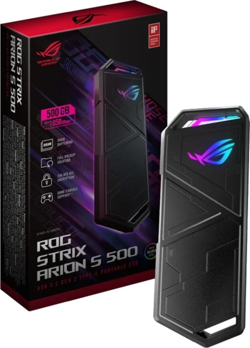 حافظه اس اس دی قابل حمل ایسوس مدل ROG Strix Arion S500، ظرفیت 500 گیگابایت، USB-C 3.2 Gen 2x1، NVMe SSD با DRAM، سرعت انتقال 1050 مگابایت بر ثانیه، رمزگذاری دیسک AES 256 بیتی، Aura Sync، سرعت 10 گیگابیت بر ثانیه | 90DD02I0-M09000
