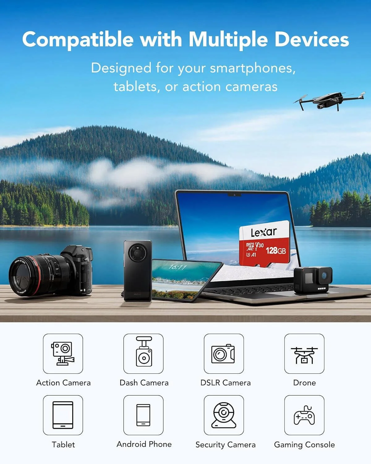 کارت حافظه میکرو اس دی 128 گیگابایتی Lexar سری E، بسته 3 عددی، کارت حافظه فلش microSDXC UHS-I به همراه آداپتور، سرعت انتقال 100 مگابایت بر ثانیه، 128 گیگابایت فضای ذخیره سازی، ویدئو 4K UHD | LMSESXX128G B3AAU کارت حافظه میکرو اس دی 128 گیگابایتی Lexar سری E، بسته 3 عددی، کارت حافظه فلش microSDXC UHS-I به همراه آداپتور، سرعت انتقال 100 مگابایت بر ثانیه، 128 گیگابایت فضای ذخیره سازی، ویدئو 4K UHD | LMSESXX128G B3AAU