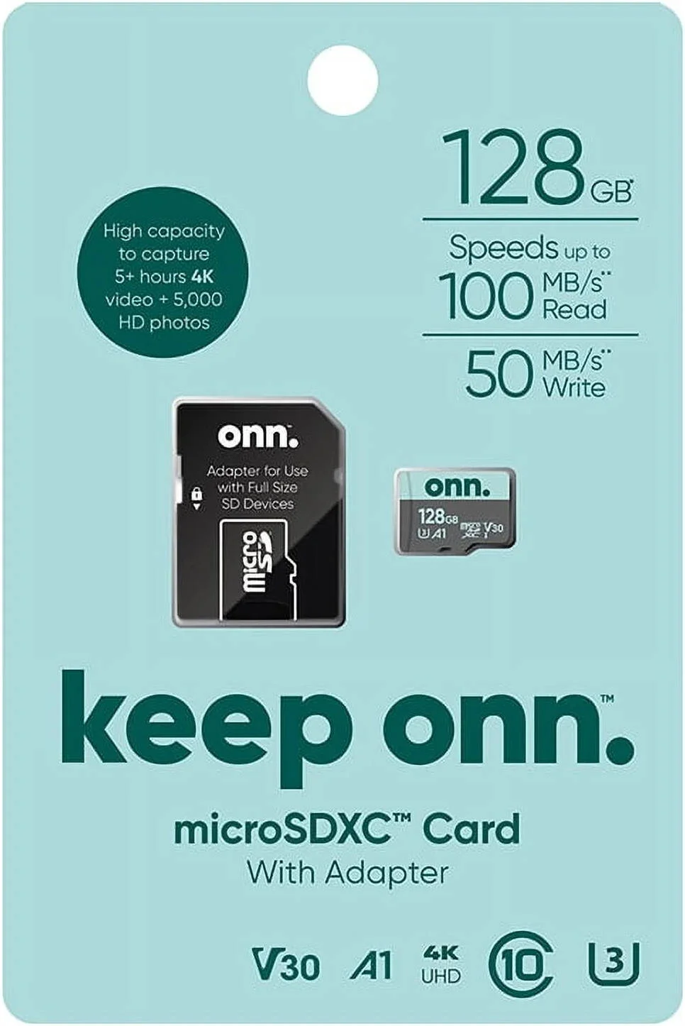 کارت حافظه میکرو اس دی ONN با ظرفیت 128 گیگابایت، کلاس 10 U3 V30 به همراه آداپتور، سرعت خواندن 100 مگابایت بر ثانیه، سرعت نوشتن 50 مگابایت بر ثانیه، سازگار با تلفن های هوشمند، تبلت ها، پهپادها و دوربین ها | 100006054