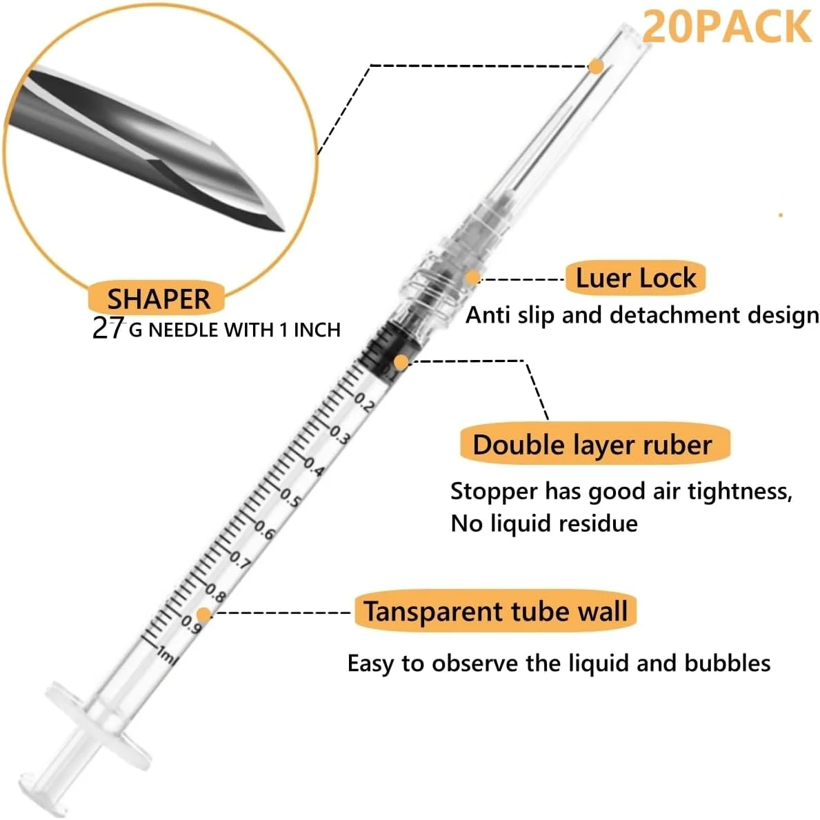 سرنگ های اندازه گیری ۱ میلی لیتری با قفل Luer و سوزن گیج ۲۷ و طول ۱/۲ اینچ، مناسب برای مصارف صنعتی و علمی، پر کردن مجدد مایعات، توزیع و انتقال - بسته ۲۰ عددی