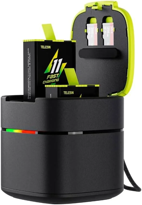 جعبه شارژ سریع Telesin برای باتری های Hero 11/10/9، بسته 2 عددی (1750 میلی آمپر ساعت) و جعبه شارژ سریع USB C 2A به همراه محل نگهداری کارت حافظه TF برای Gopro 11 GP FCK B11