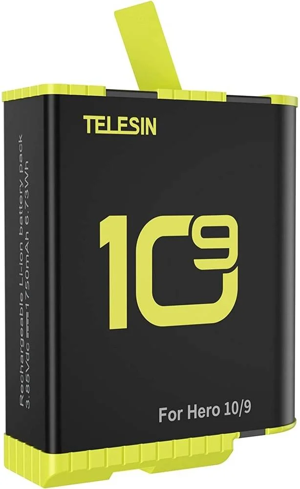 باتری TELESIN برای GoPro Hero 10 Hero 9، لیتیوم یونی قابل شارژ، ظرفیت 1750mAh، شش محافظت هوشمند، شارژ سریع و عمر باتری طولانی، مشکی | GP-BTR-901-B