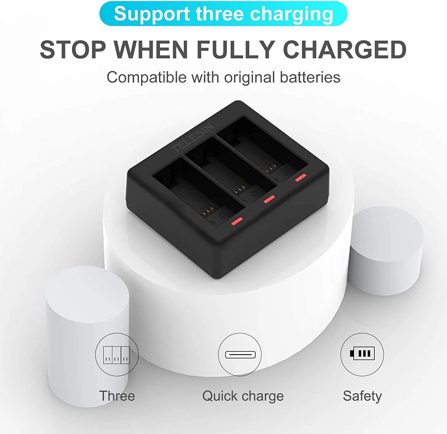 شارژر باتری Telesin سه پورت با کابل Type-C برای GoPro Hero 10 Hero 9، داک شارژ 3 کاناله - مشکی