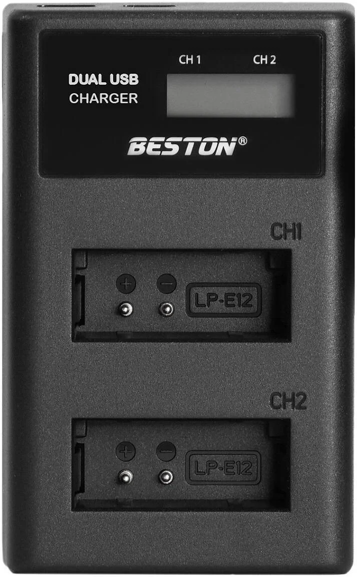 شارژر بستون برای کانن LP-E12، 2 اسلات، LCD هوشمند، تایپ C، میکرو USB، مشکی | BES-C-1028