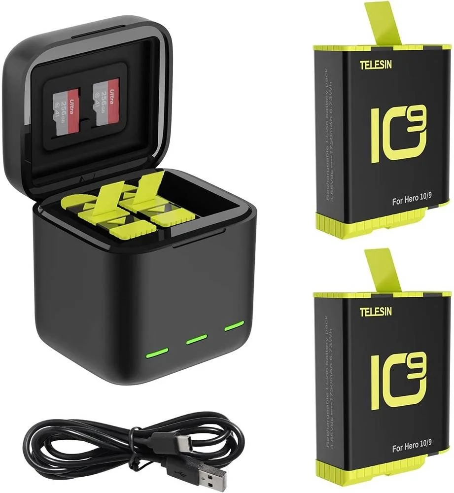 TELESIN بسته 2 عددی باتری و داک شارژ 3 کاناله، شارژ سریع 2.4 آمپر، درب مغناطیسی، پد سیلیکونی ضد لغزش، سازگار با شارژر و باتری های اصلی GoPro 10 9، مشکی | GP-BNC-902