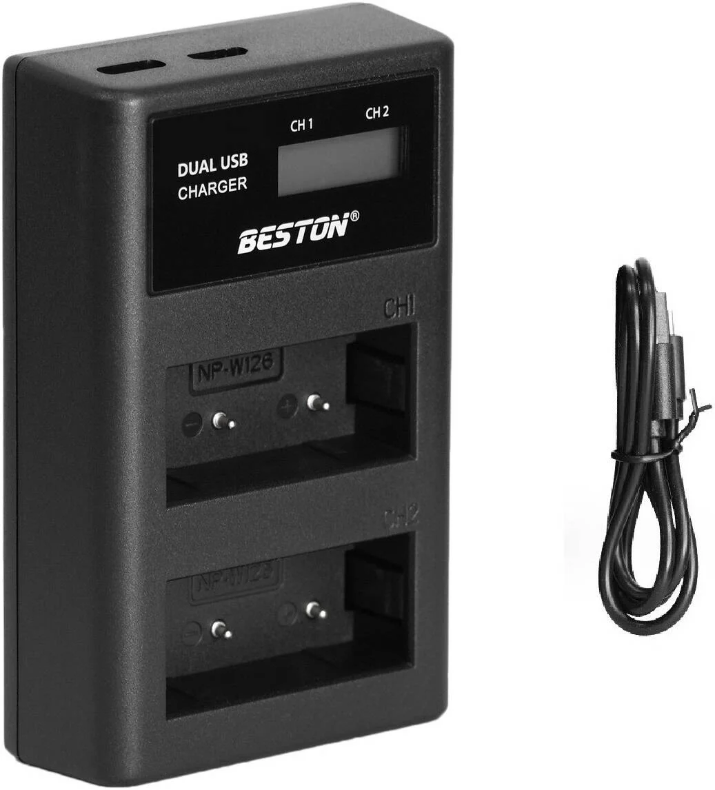 شارژر بستون برای فوجی فیلم NP-W126، 2 اسلات، LCD هوشمند، تایپ C، میکرو USB، مشکی | BES-C-1033