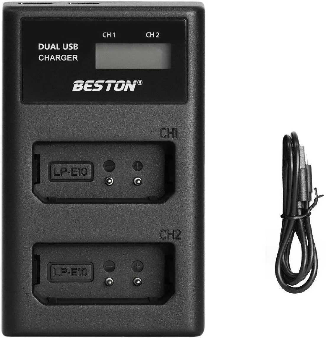 شارژر بستون برای کانن LP-E10، دو اسلات، LCD هوشمند، Type C، Micro USB، مشکی | BES-C-1030