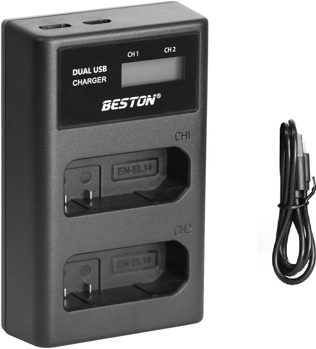 شارژر بستون برای نیکون EN-EL14، دو اسلات، LCD هوشمند، Type C، Micro USB، مشکی | BES-C-1032