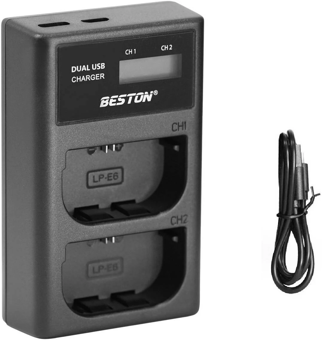 شارژر بستون برای کانن LP-E6، دو اسلات، LCD هوشمند، تایپ C، میکرو USB، مشکی | BES-C-1029
