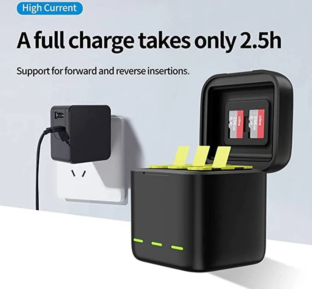 TELESIN بسته 2 عددی باتری و داک شارژ 3 کاناله، شارژ سریع 2.4 آمپر، درب مغناطیسی، پد سیلیکونی ضد لغزش، سازگار با شارژر و باتری های اصلی GoPro 10 9، مشکی | GP-BNC-902