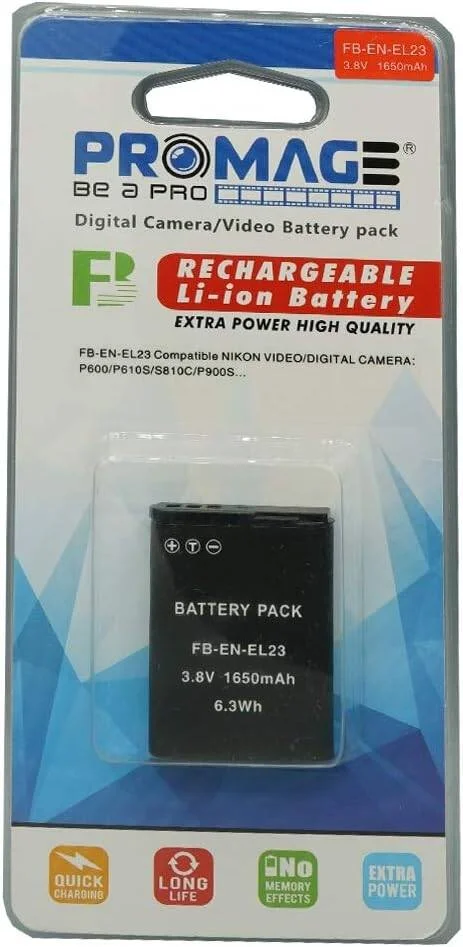 باتری پرومِیج برای نیکون ENEL23 مناسب برای استفاده با دوربین های دیجیتال COOLPIX P600, P530, P520, P500. این باتری را می توان با شارژر باتری MH-67P شارژ کرد.
